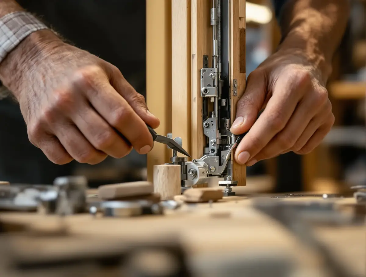 Artisan spécialisé réparant une menuiserie avec précision
