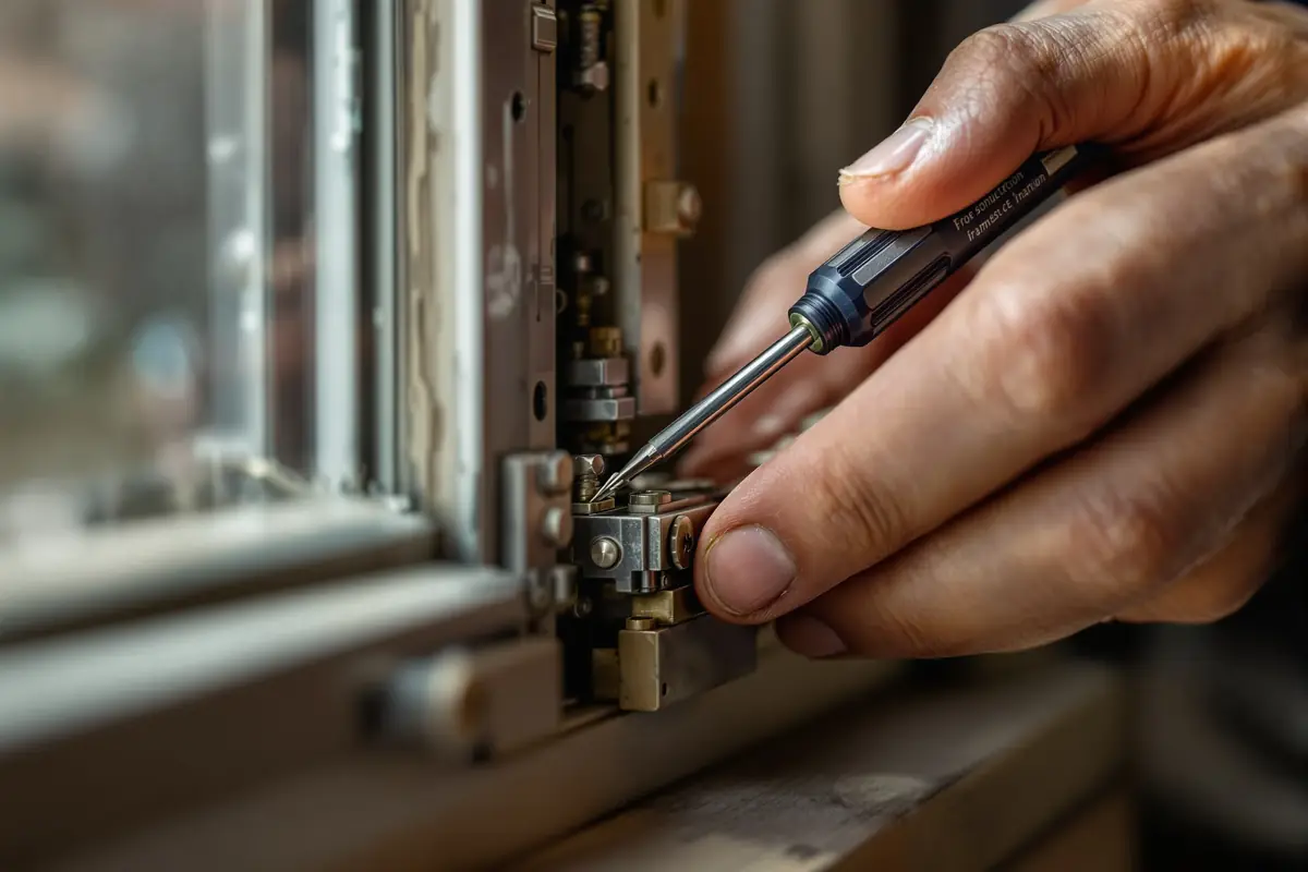 Gros plan : réparation d'un mécanisme de fenêtre par un artisan