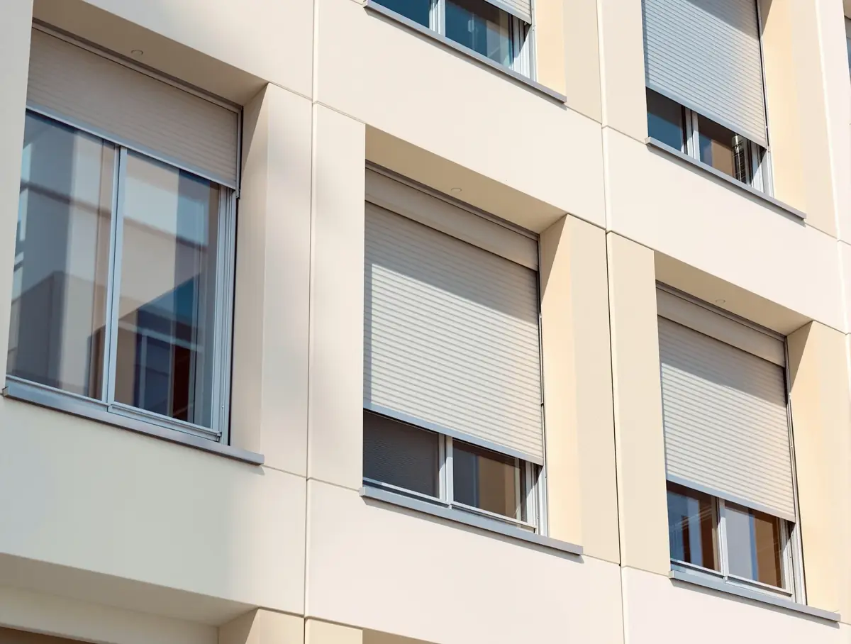 Maison moderne avec volets roulants installés sur les fenêtres